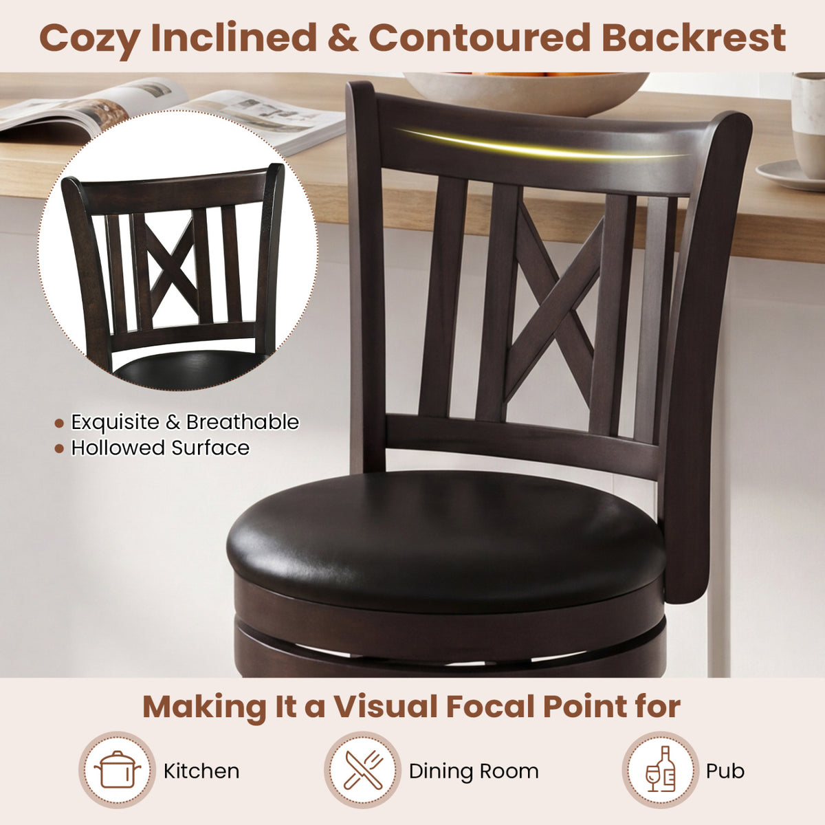 Set of 4 Bar Stools Swivel Bar Chairs with Hollowed Backrest and Footrest-30 inches