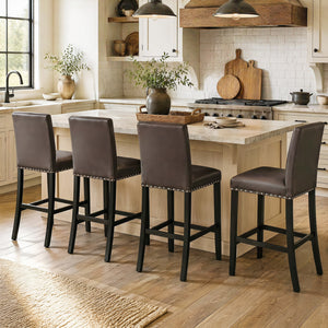 Set of 4 Bar Stools with Back for Kitchen Island-Brown