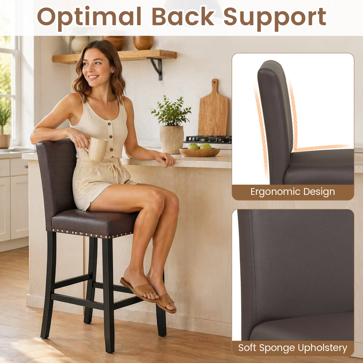 Set of 4 Bar Stools with Back for Kitchen Island-Brown