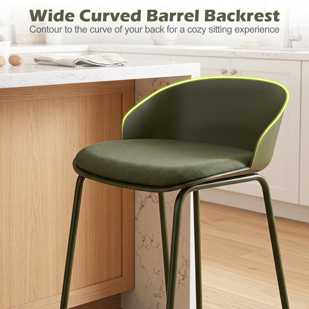Set of 4 Counter Height Bar Stools with Curved Backrest and Metal Frame for Kitchen Dining-Green