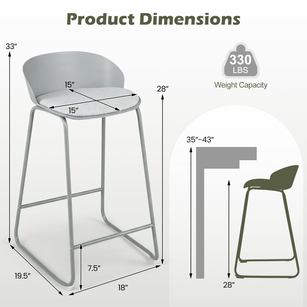 Set of 4 Counter Height Bar Stools with Curved Backrest and Metal Frame for Kitchen Dining-Gray