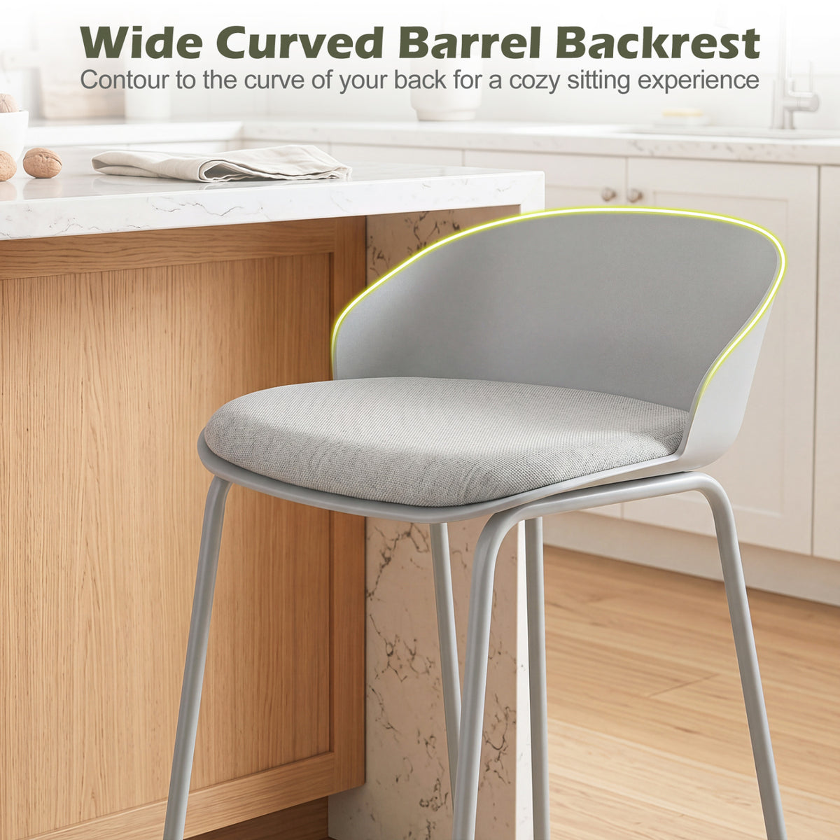 Set of 4 Counter Height Bar Stools with Curved Backrest and Metal Frame for Kitchen Dining-Gray