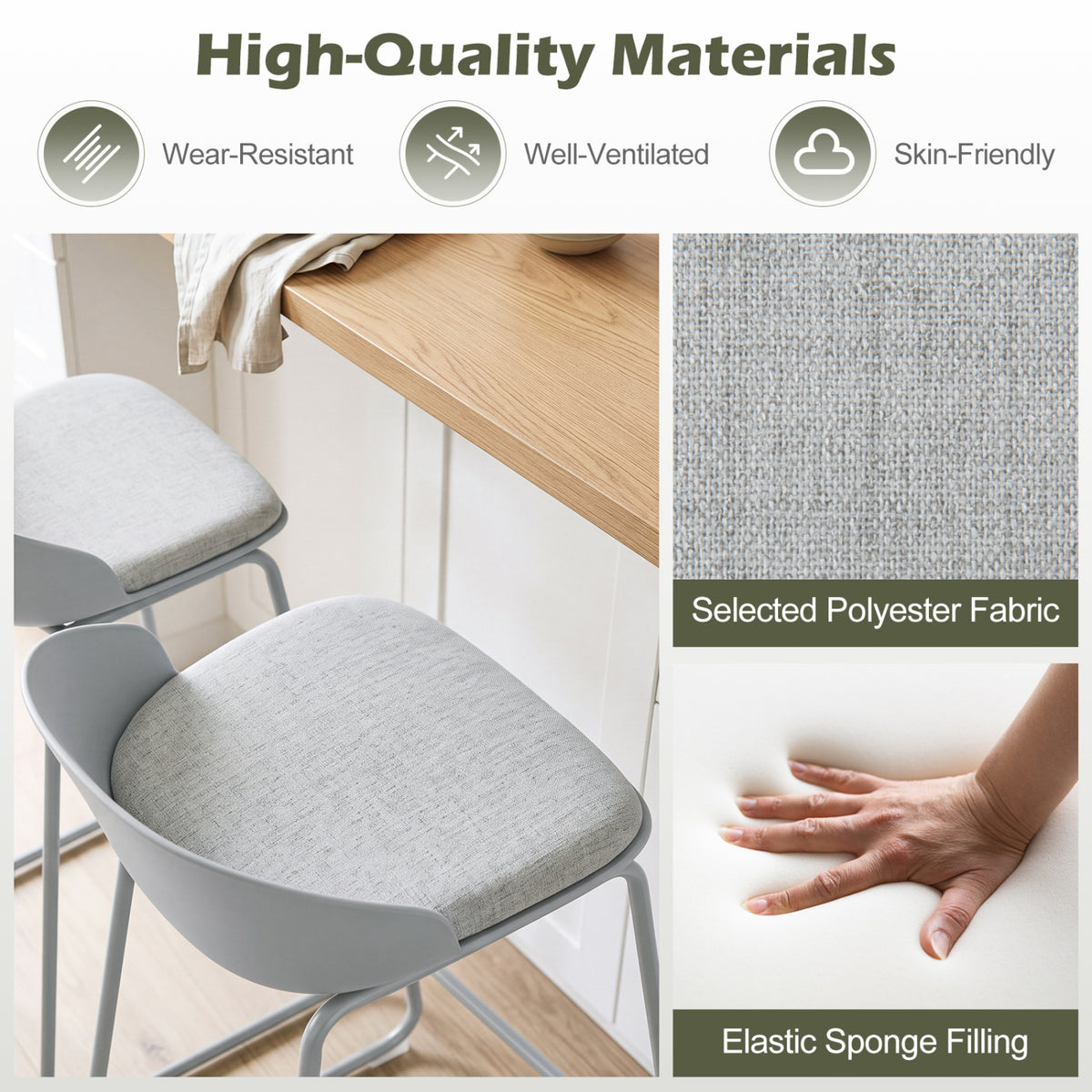 Set of 4 Counter Height Bar Stools with Curved Backrest and Metal Frame for Kitchen Dining-Gray