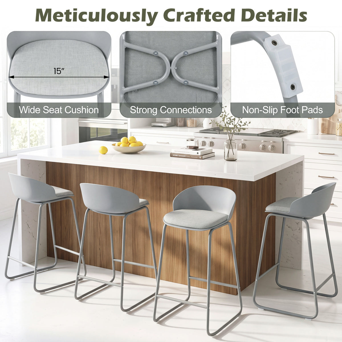 Set of 4 Counter Height Bar Stools with Curved Backrest and Metal Frame for Kitchen Dining-Gray