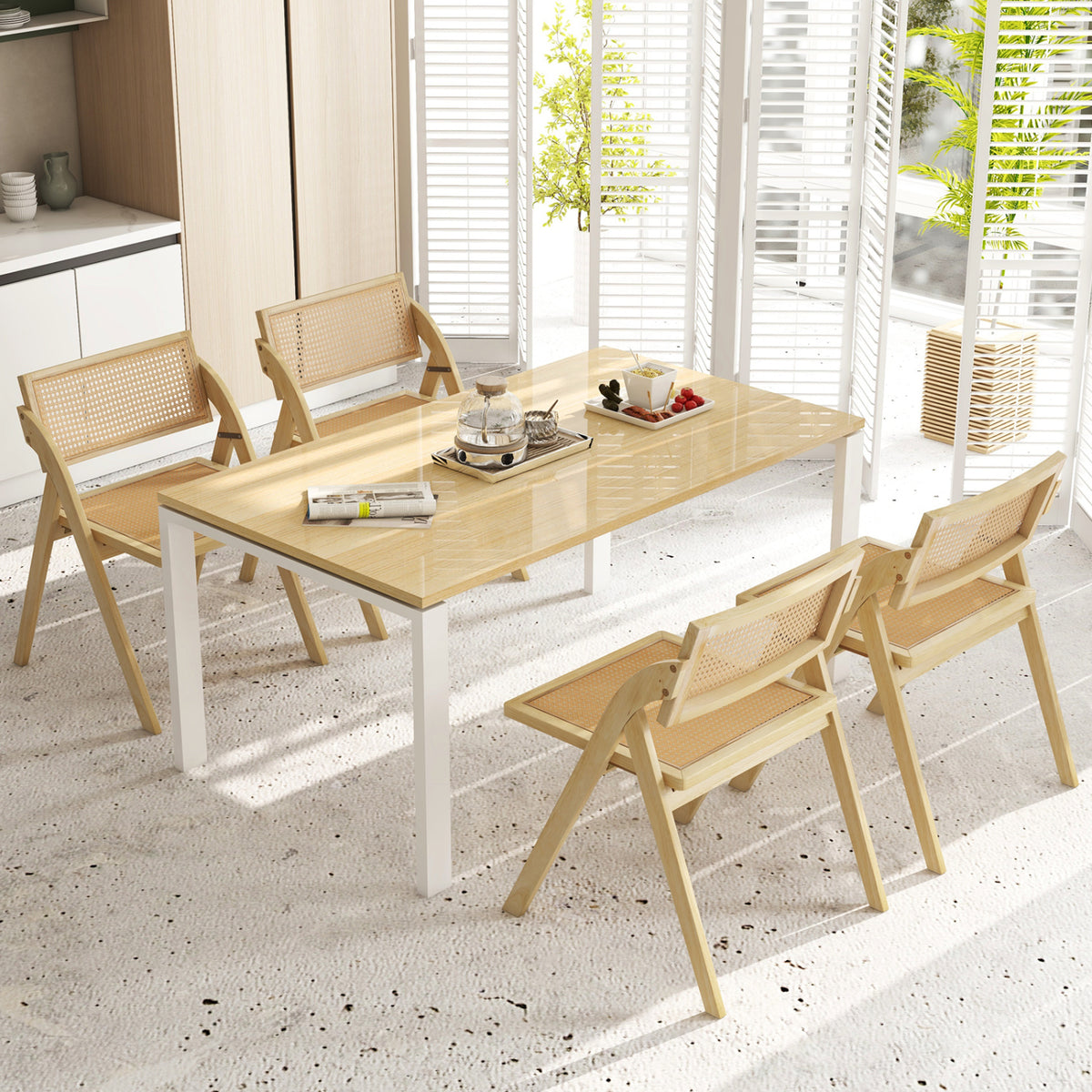 Set of 4 Foldable Dining Chairs with Woven Rattan Backrest-Natural