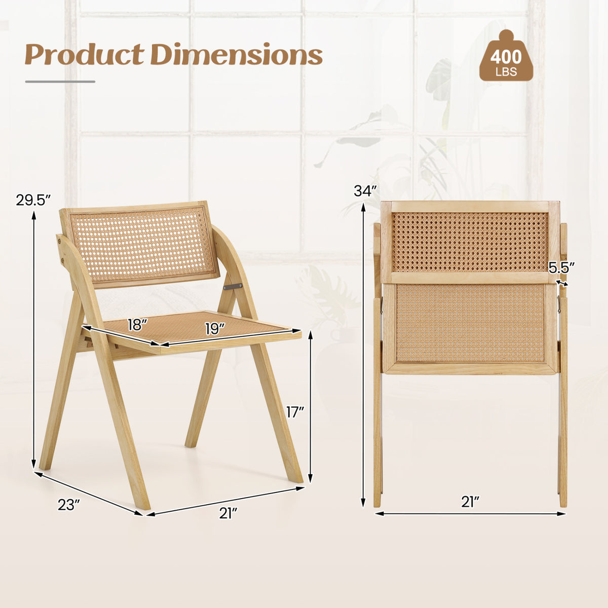 Set of 4 Foldable Dining Chairs with Woven Rattan Backrest-Natural