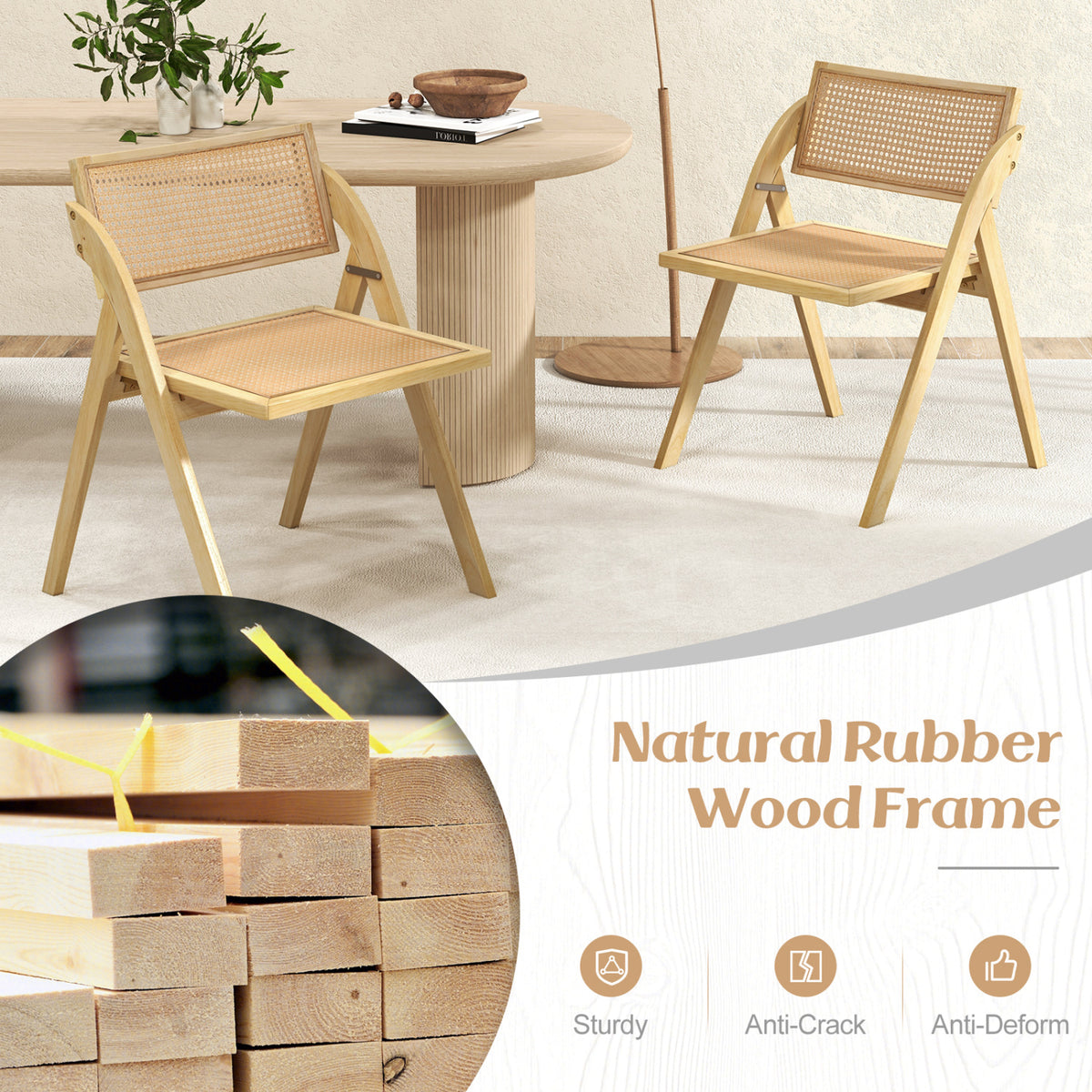 Set of 4 Foldable Dining Chairs with Woven Rattan Backrest-Natural