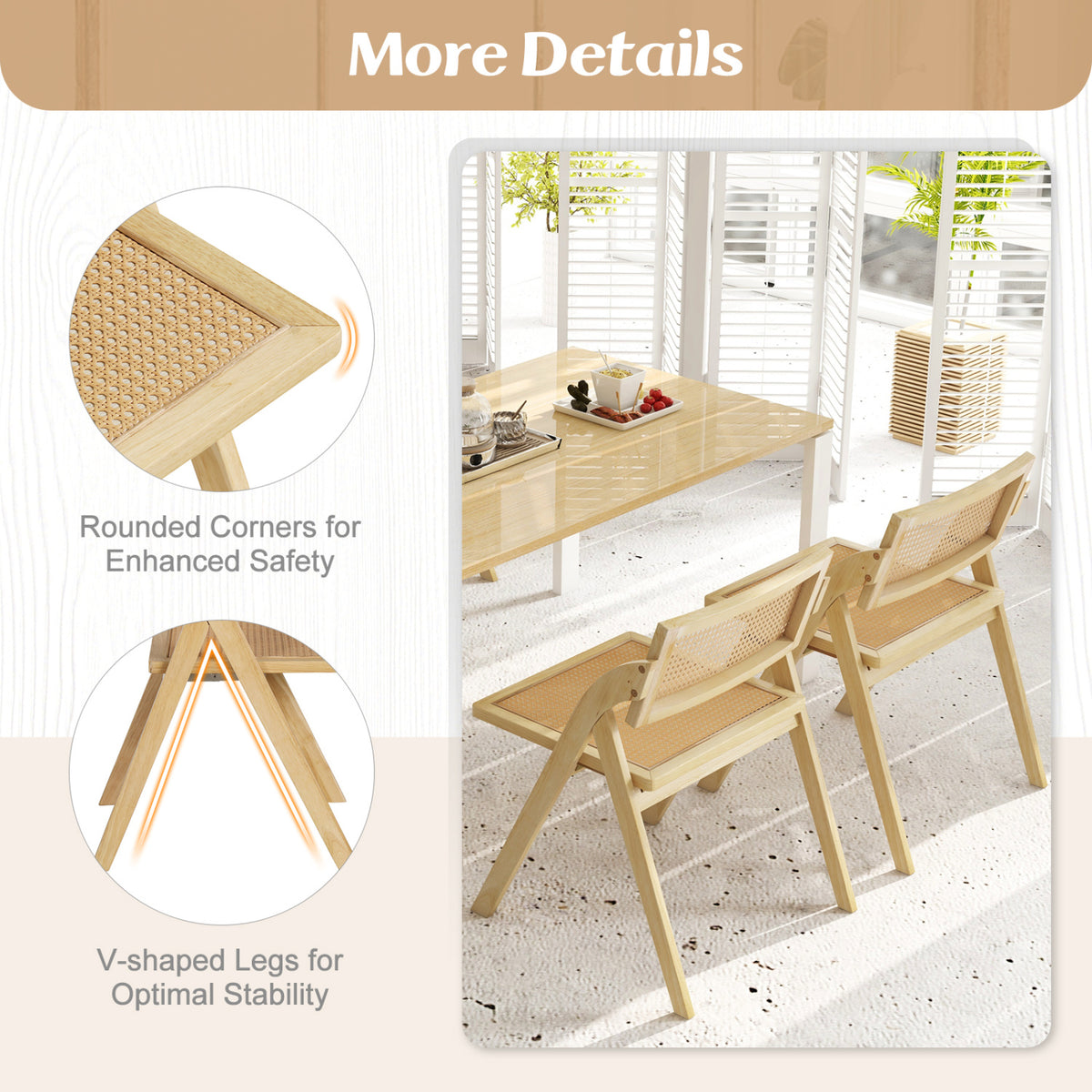 Set of 4 Foldable Dining Chairs with Woven Rattan Backrest-Natural