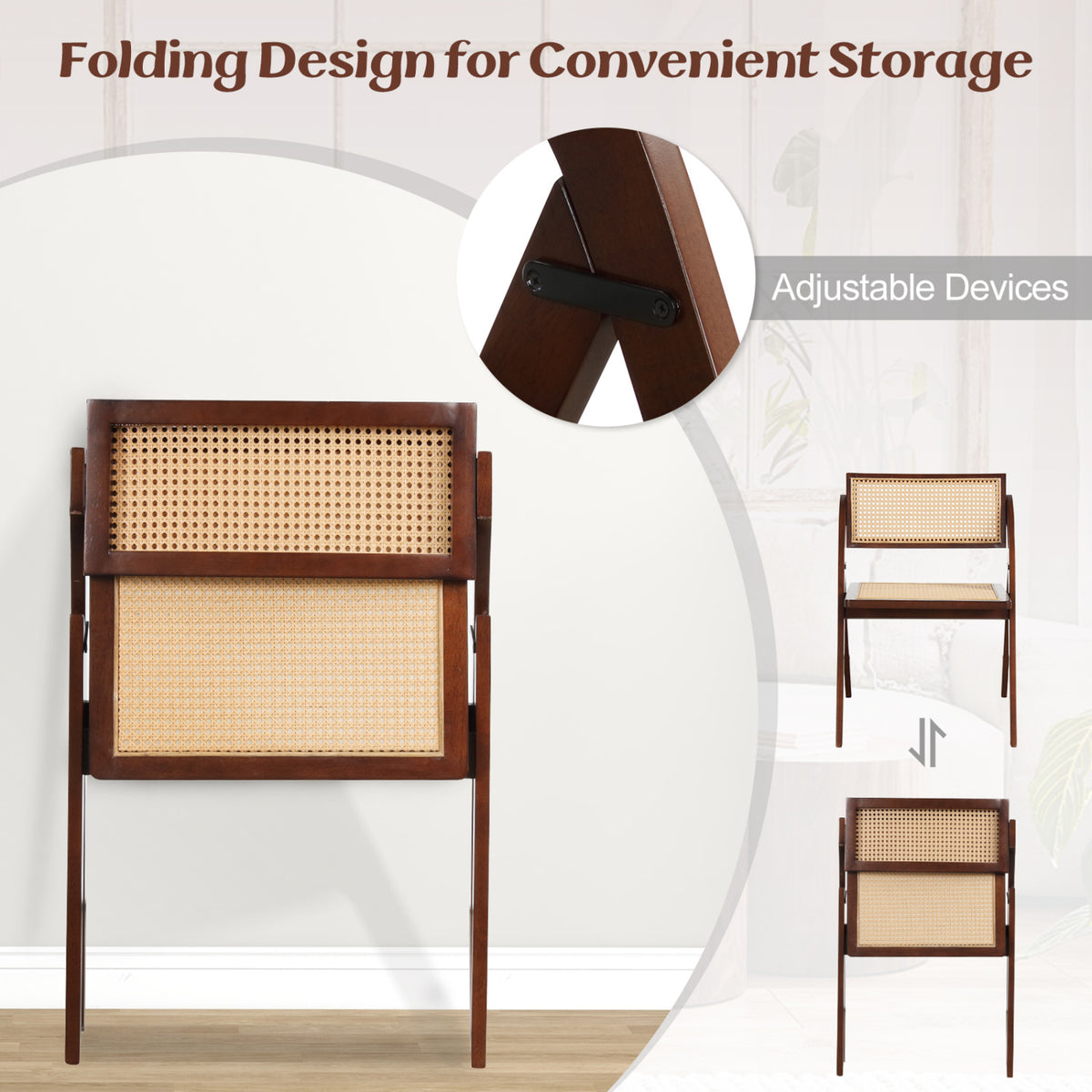 Set of 4 Foldable Dining Chairs with Woven Rattan Backrest-Brown