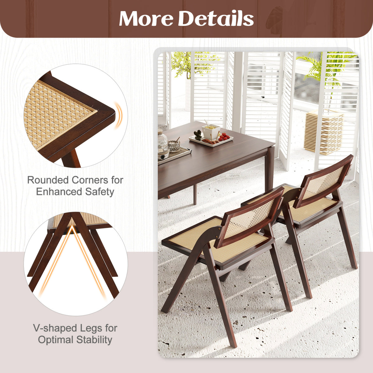 Set of 4 Foldable Dining Chairs with Woven Rattan Backrest-Brown
