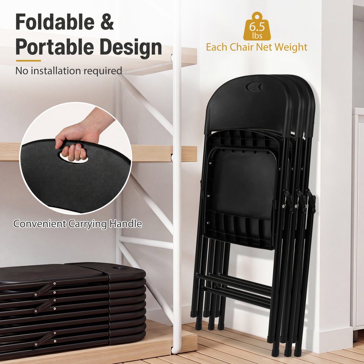 Set of 4 Foldable Plastic Chairs with Ergonomic Backrest-Black