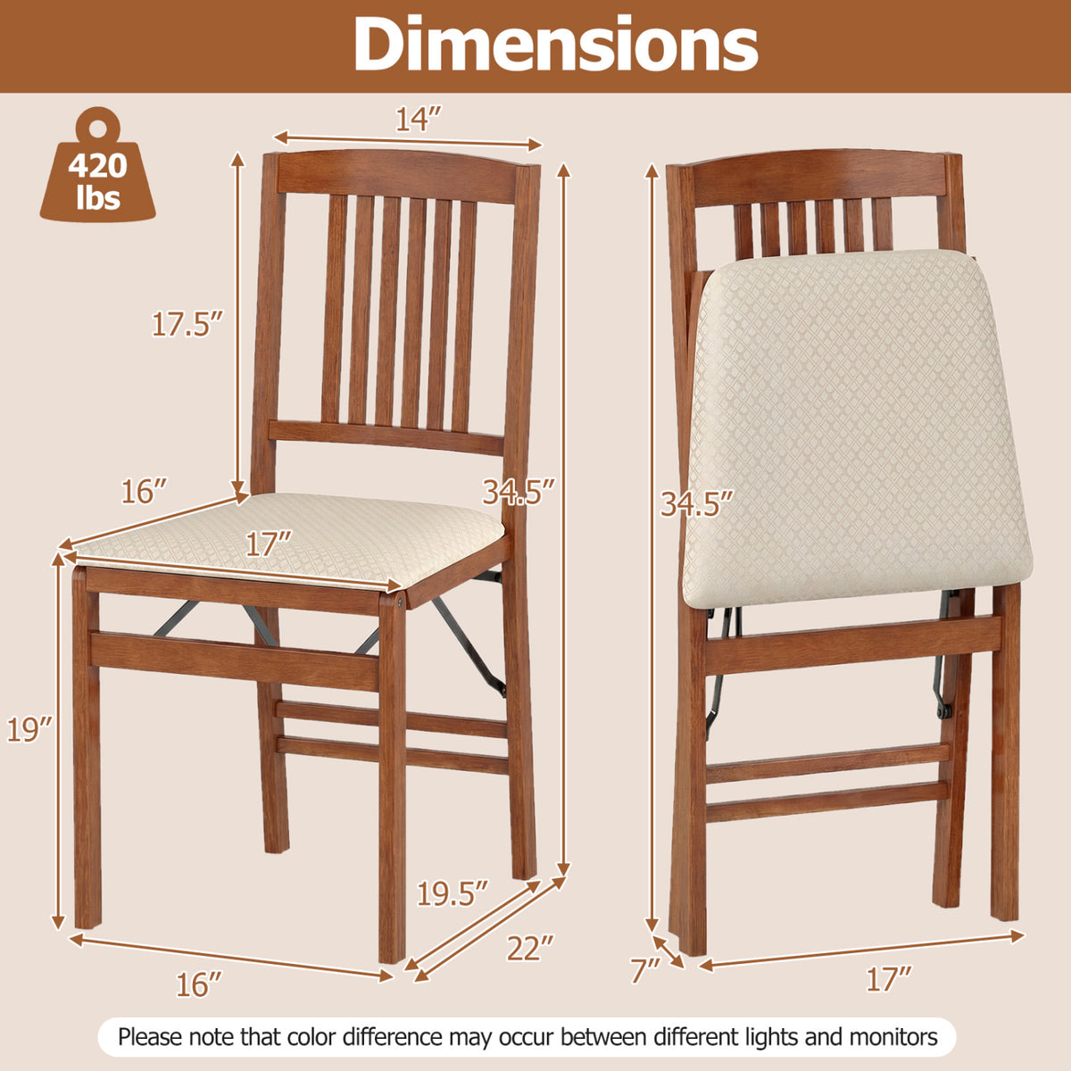 Set of 4 Foldable Upholstered Kitchen Chairs with Padded Seat-Beige