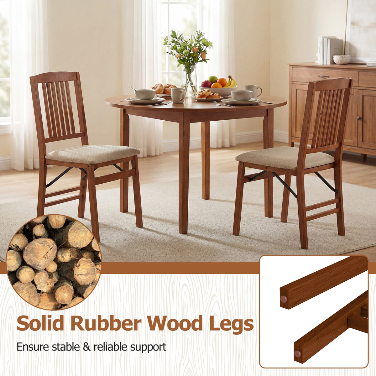 Set of 4 Foldable Upholstered Kitchen Chairs with Padded Seat-Beige