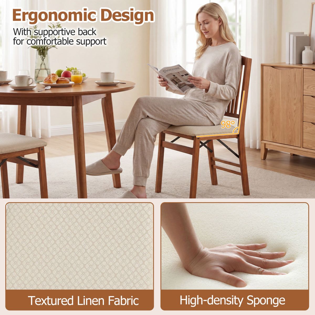 Set of 4 Foldable Upholstered Kitchen Chairs with Padded Seat-Beige