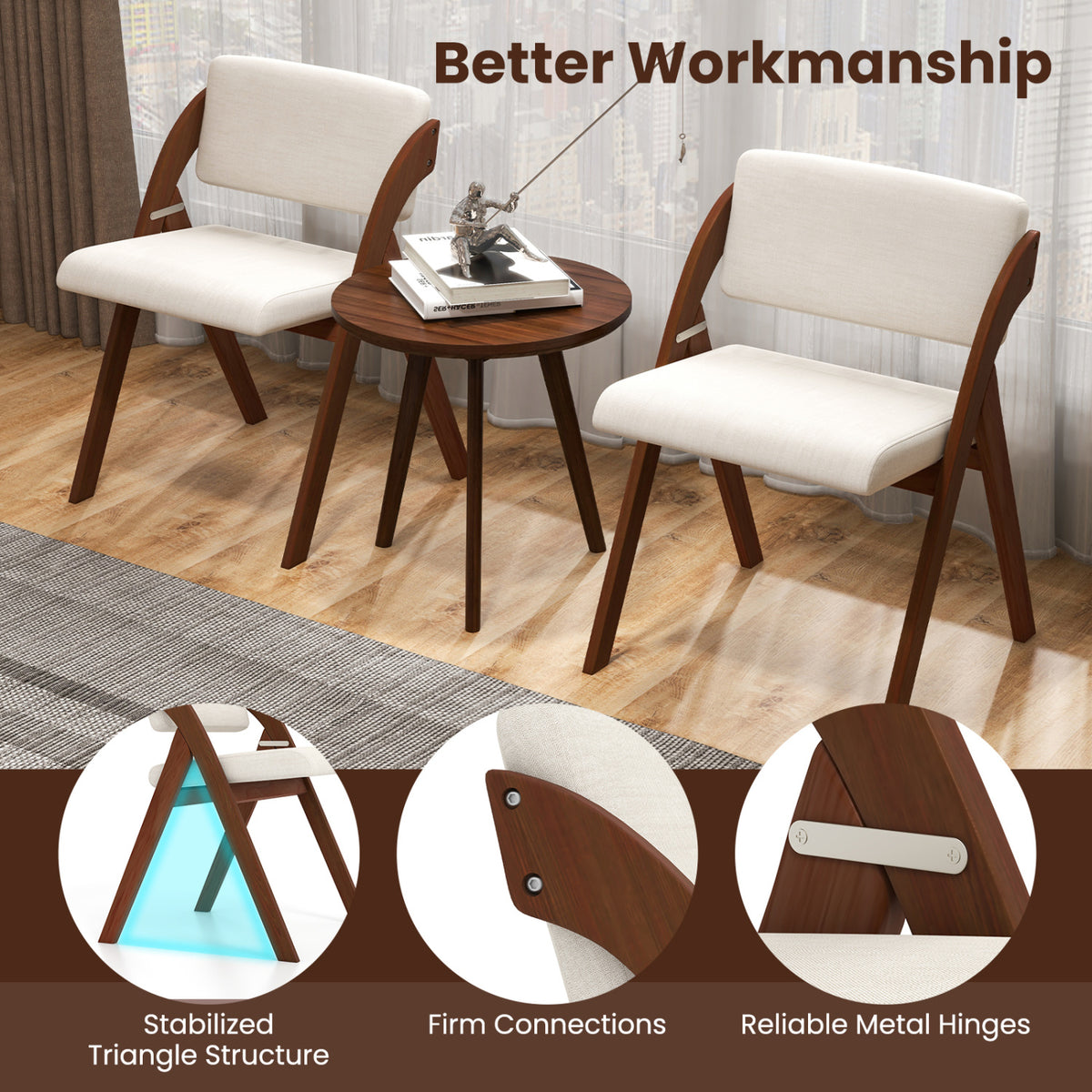 Set of 4 Folding Kitchen Dining Chairs with Rubber Wood Legs-Walnut