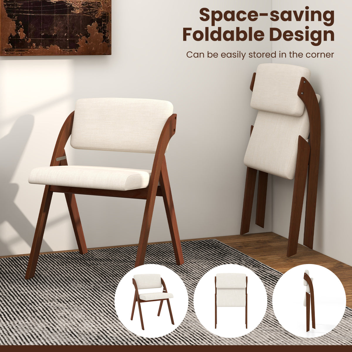 Set of 4 Folding Kitchen Dining Chairs with Rubber Wood Legs-Walnut