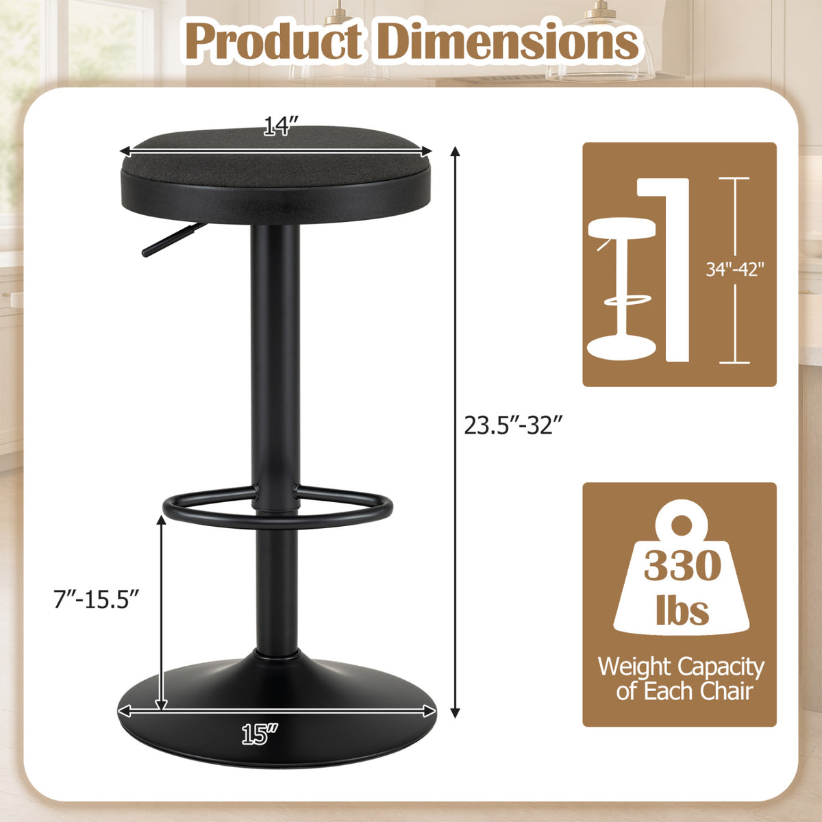 Set of 4 Kitchen Bar Stools with Height Adjustment Padded Seat and D-Shaped Footrest-Black