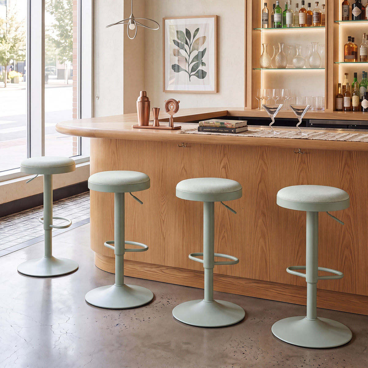 Set of 4 Kitchen Bar Stools with Height Adjustment Padded Seat and D-Shaped Footrest-Green