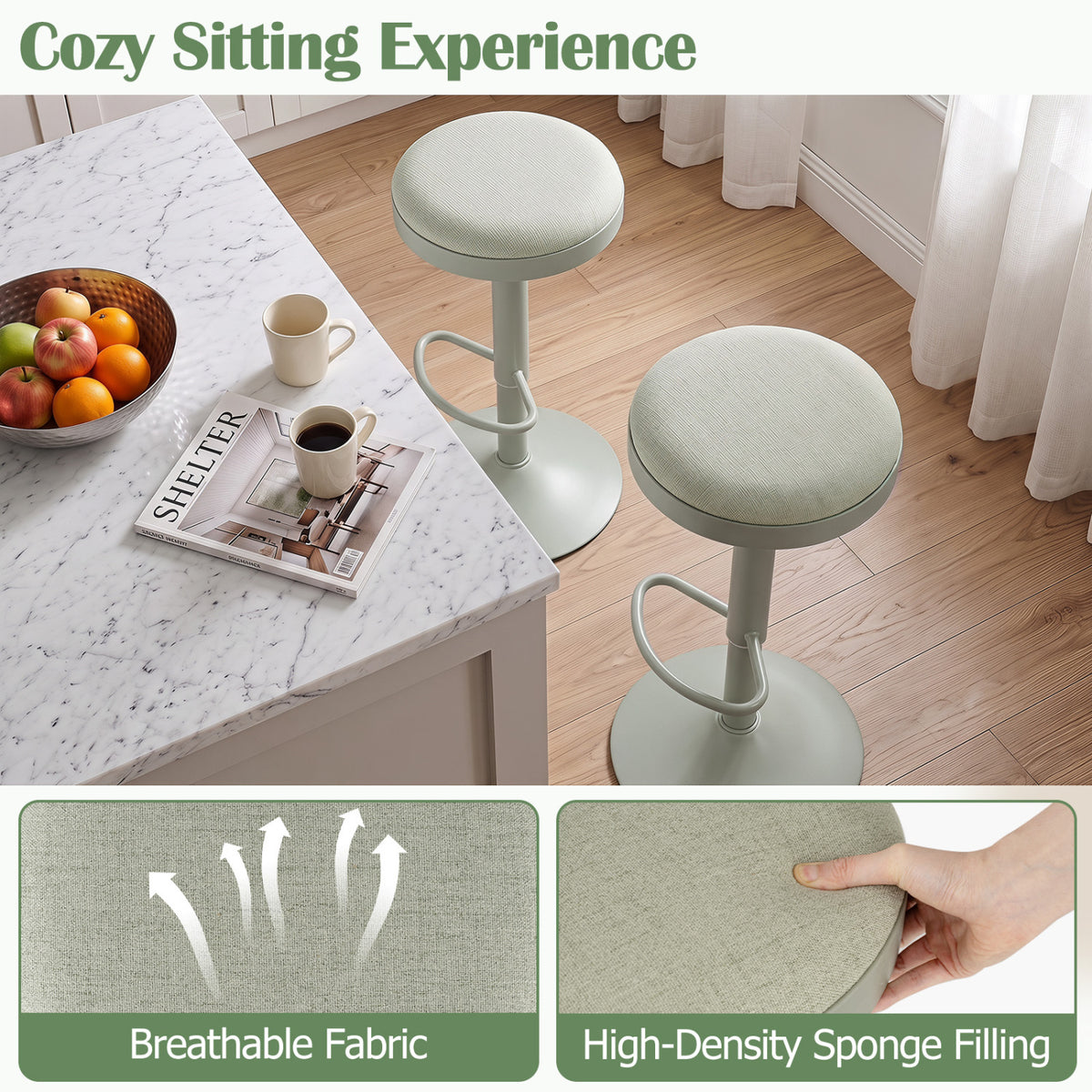 Set of 4 Kitchen Bar Stools with Height Adjustment Padded Seat and D-Shaped Footrest-Green