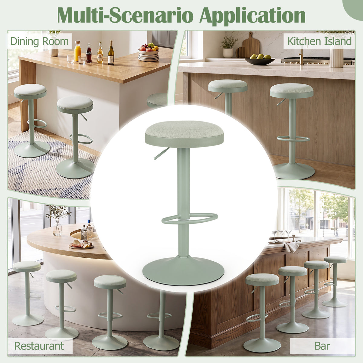 Set of 4 Kitchen Bar Stools with Height Adjustment Padded Seat and D-Shaped Footrest-Green
