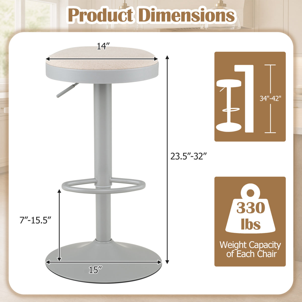 Set of 4 Kitchen Bar Stools with Height Adjustment Padded Seat and D-Shaped Footrest-Gray
