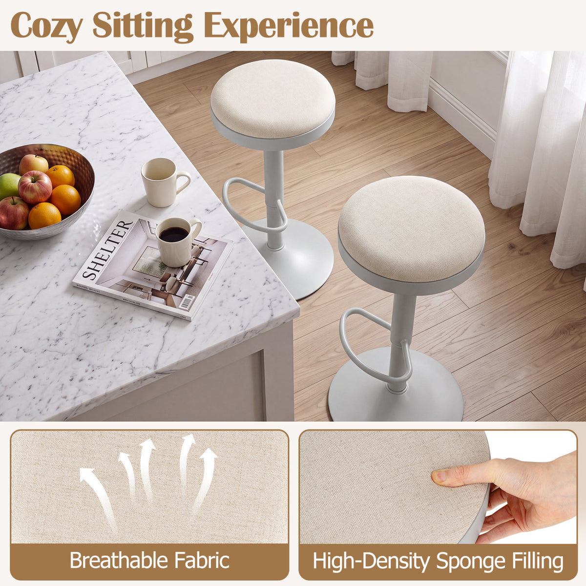 Set of 4 Kitchen Bar Stools with Height Adjustment Padded Seat and D-Shaped Footrest-Gray