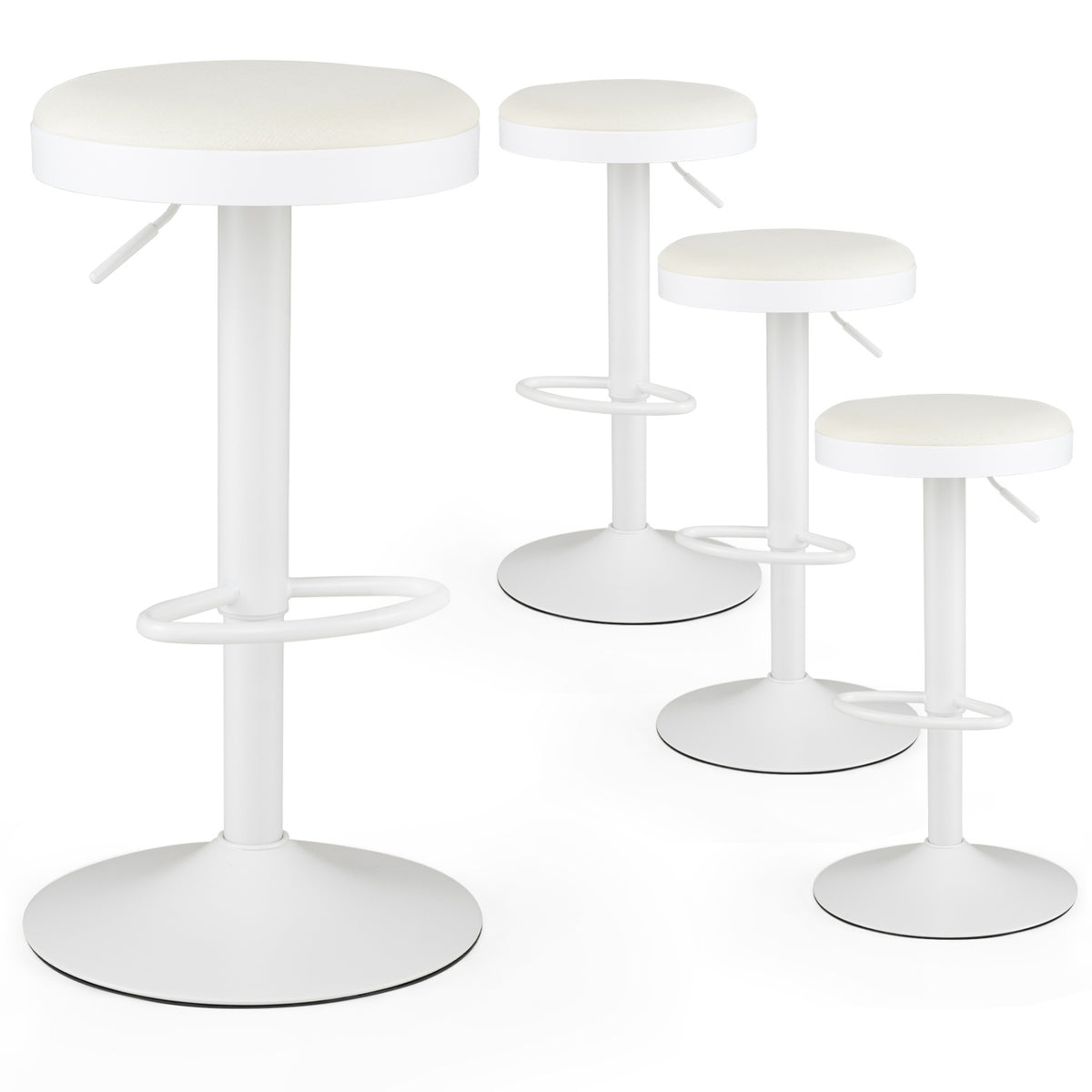 Set of 4 Kitchen Bar Stools with Height Adjustment Padded Seat and D-Shaped Footrest-White