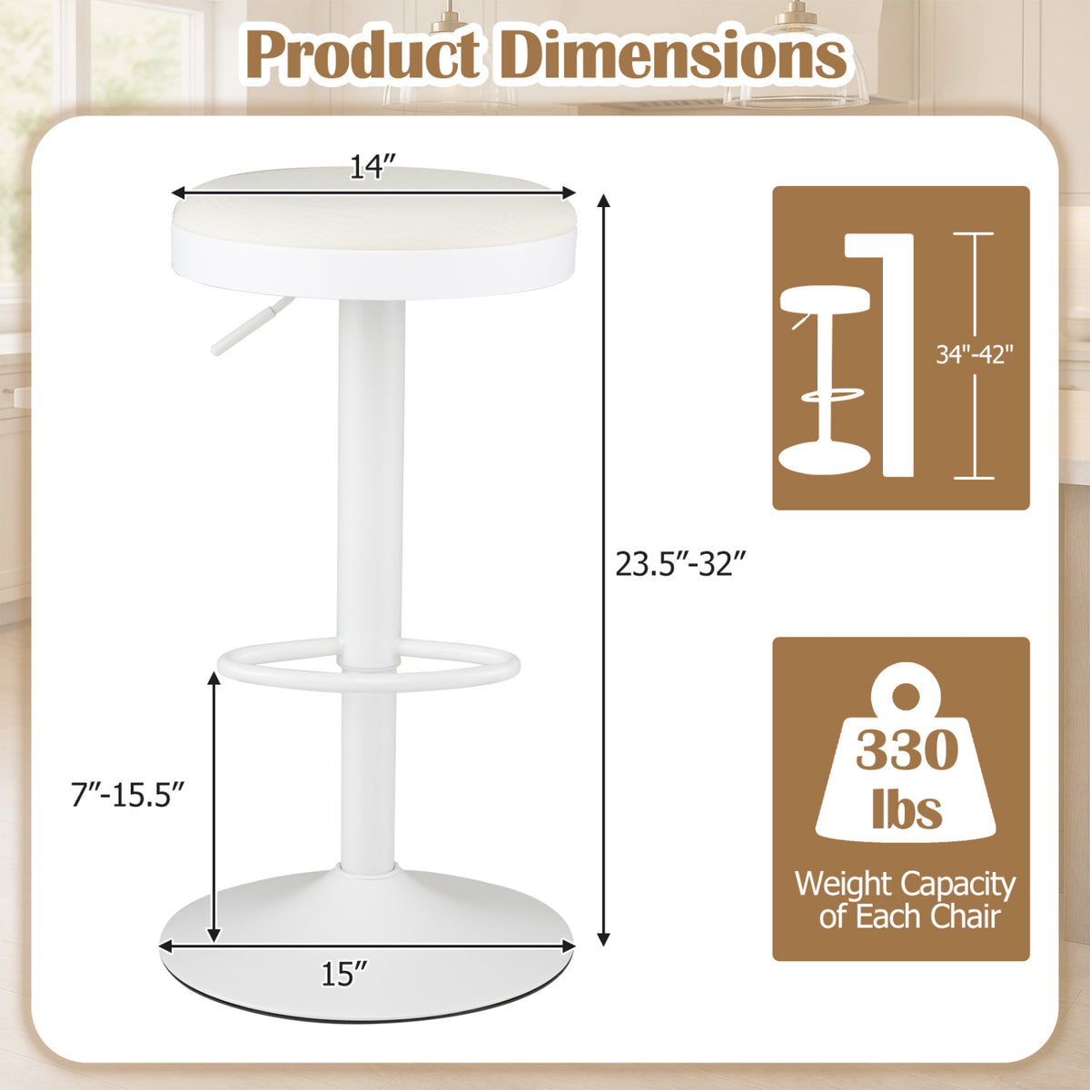 Set of 4 Kitchen Bar Stools with Height Adjustment Padded Seat and D-Shaped Footrest-White