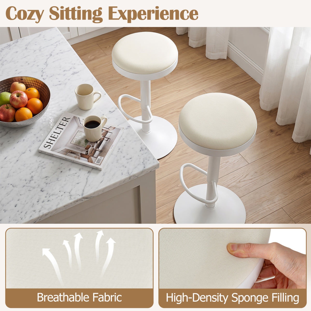Set of 4 Kitchen Bar Stools with Height Adjustment Padded Seat and D-Shaped Footrest-White