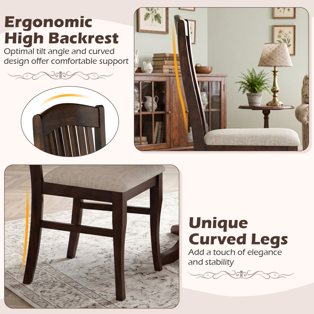 Set of 4 Kitchen Side Chairs with Rubber Wood Frame and Comfy Padded Seat-Brown & White