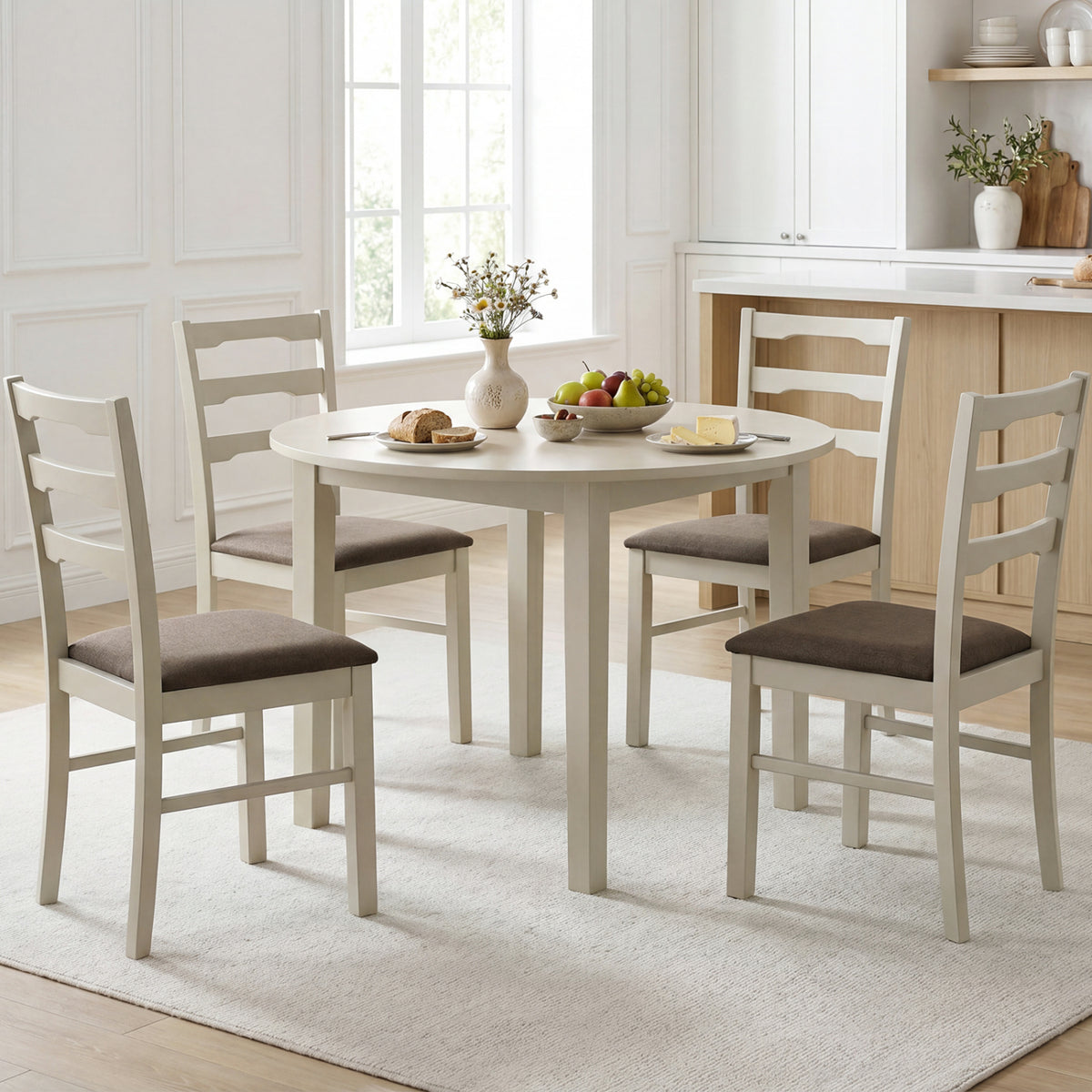 Set of 4 Linen Style Upholstered Dining Chairs with Wood Frames-White