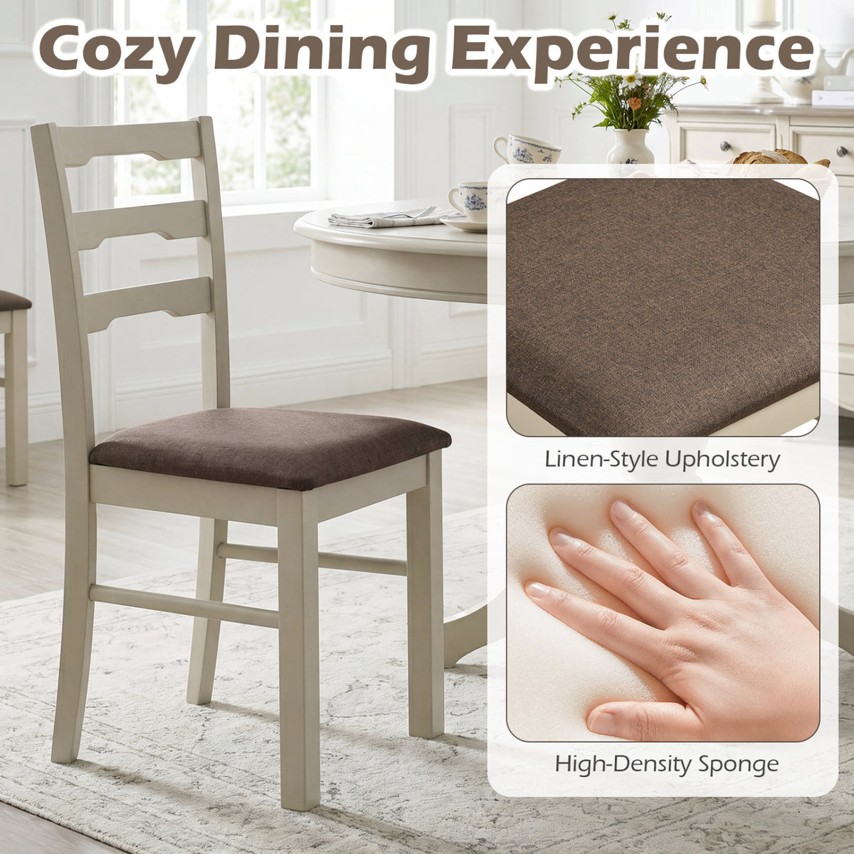 Set of 4 Linen Style Upholstered Dining Chairs with Wood Frames-White