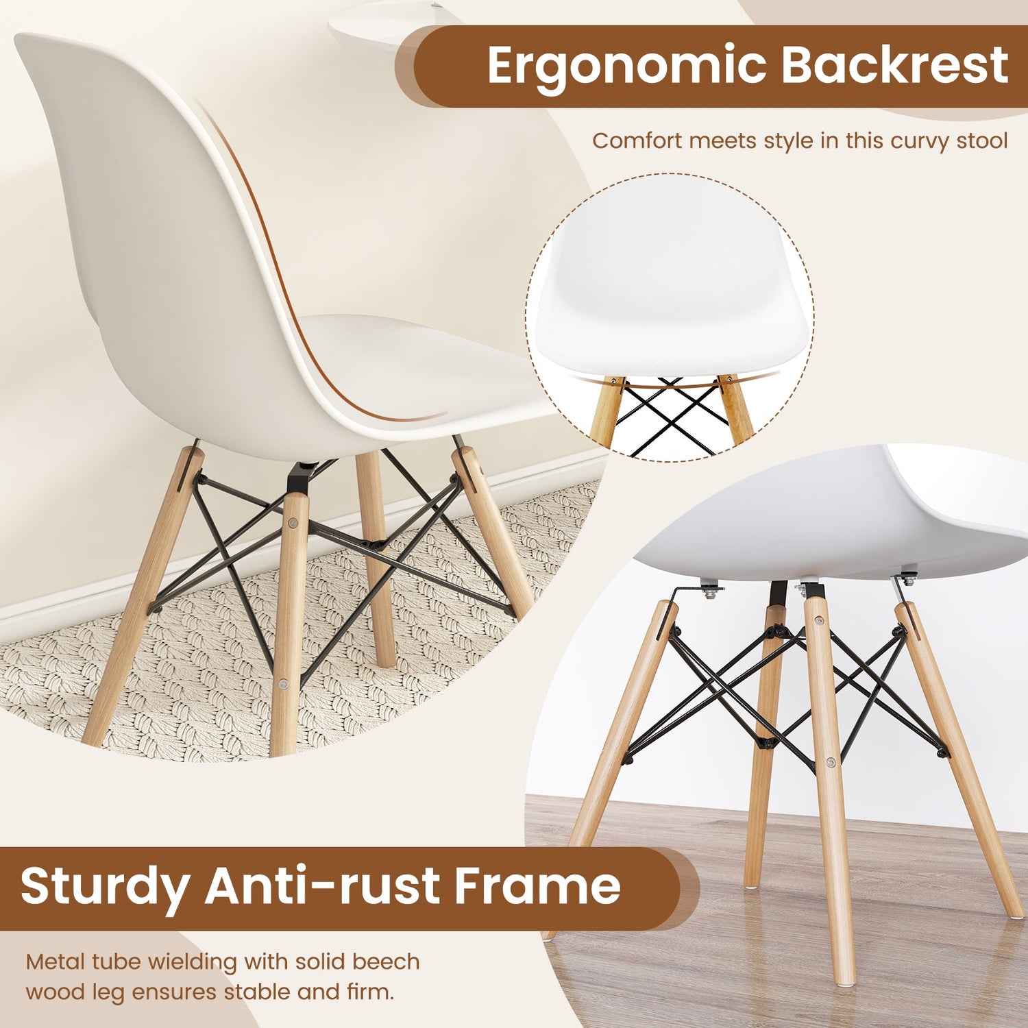 Set of 4 Modern Armless Dining Chairs Plastic Chairs with Wood Legs-White