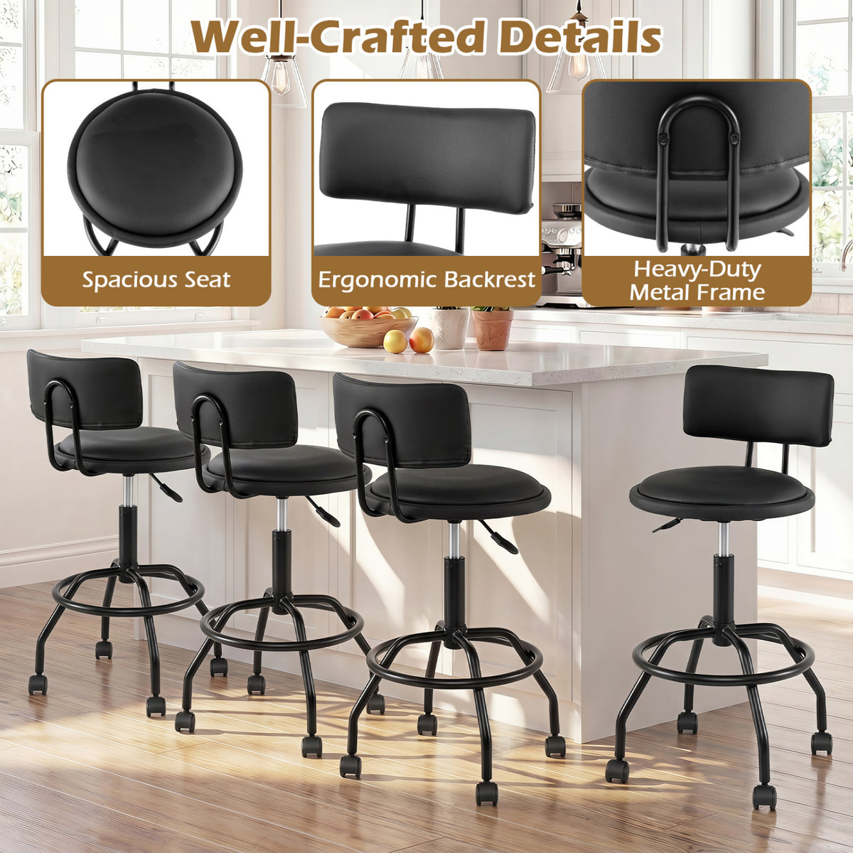 Set of 4 Modern Swivel Height Adjustable Bar Stool with Backrest-Black