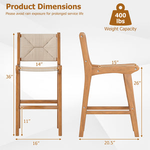 Set of 4 Outdoor Counter Height Bar Stool Woven Paper Rope Patio Barstool with Teak Wood Frame