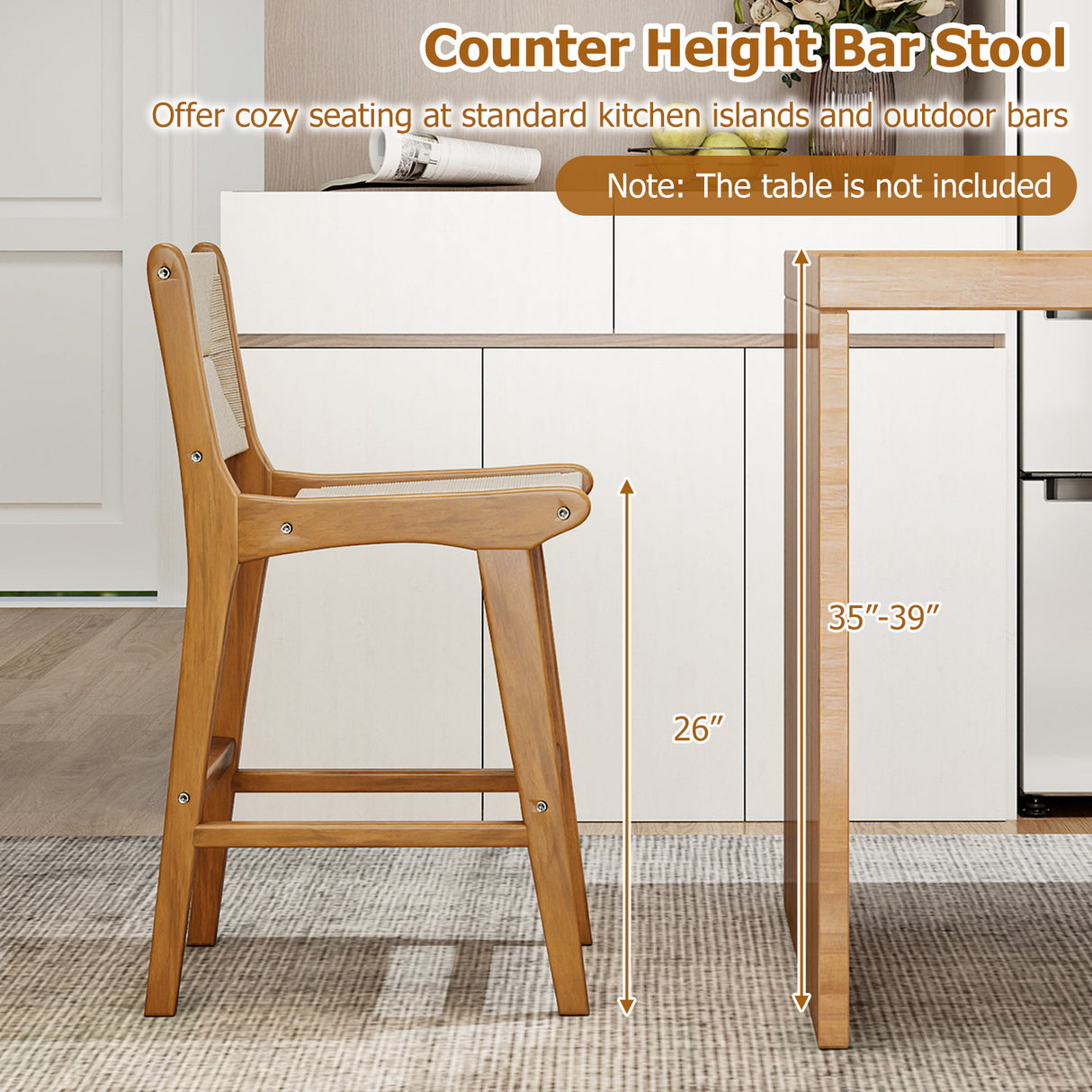 Set of 4 Outdoor Counter Height Bar Stool Woven Paper Rope Patio Barstool with Teak Wood Frame