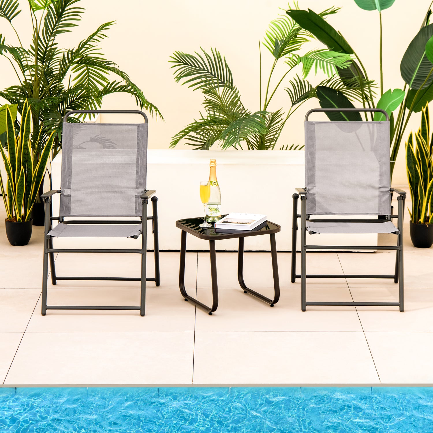 Outdoor Folding Sling Chairs Set of 4 with Armrest and Backrest-Gray