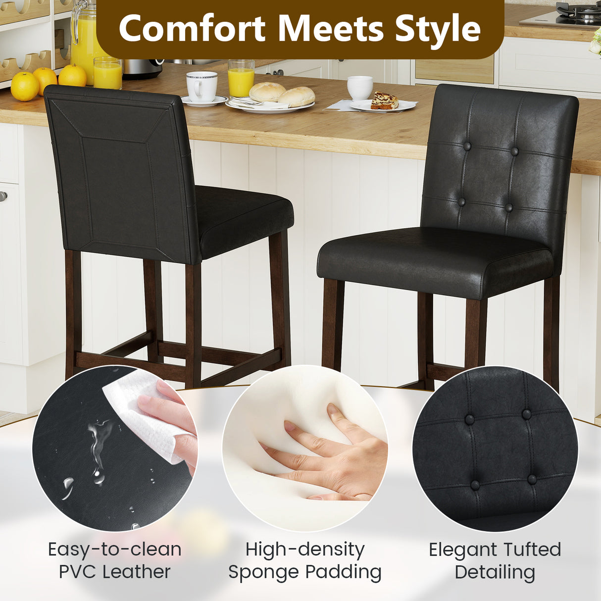Set of 4 PVC Dining Leather Bar Stools with Solid Wood Legs-29 inch