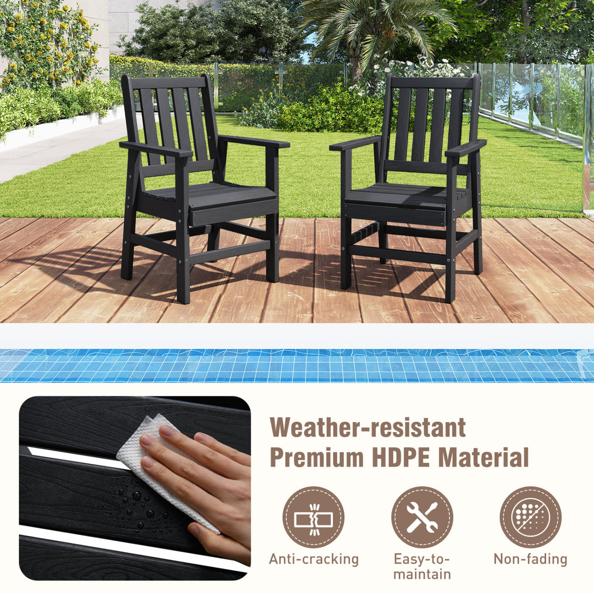Set of 4 Patio Dining Chairs with Wide Armrests-Black