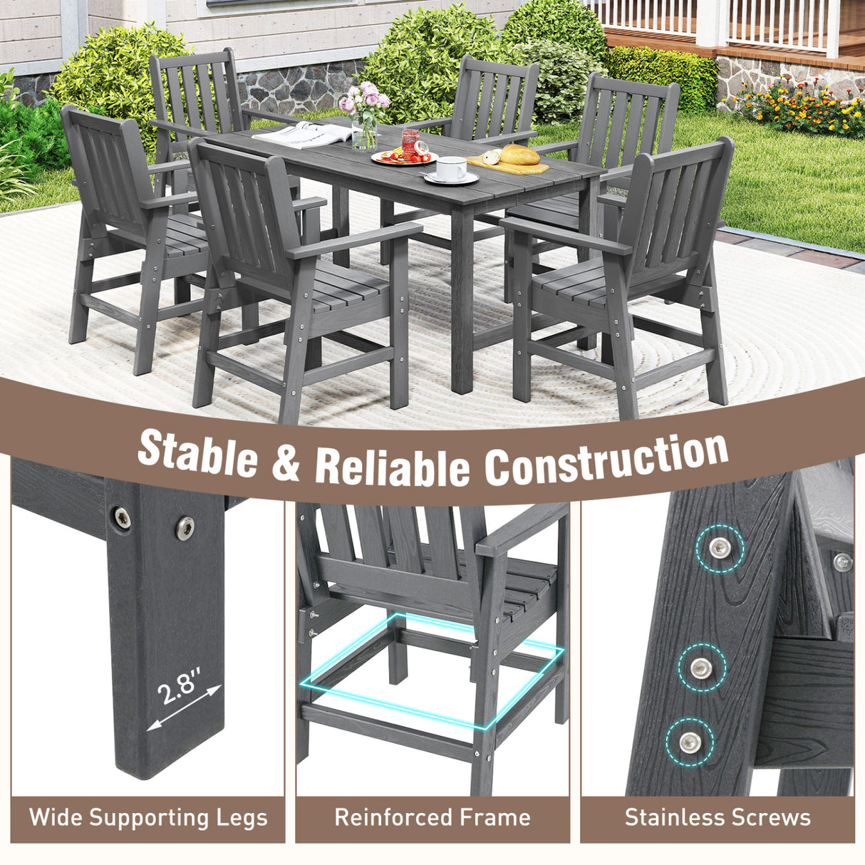Set of 4 Patio Dining Chairs with Wide Armrests-Gray