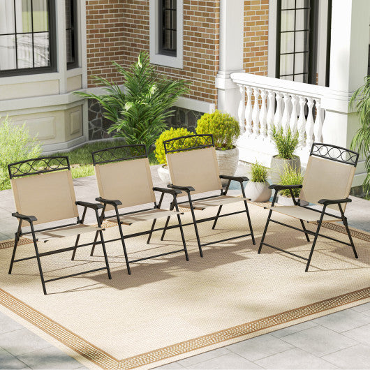 Set of 4 Patio Folding Chairs Set Dining Chairs with Armrests-Beige