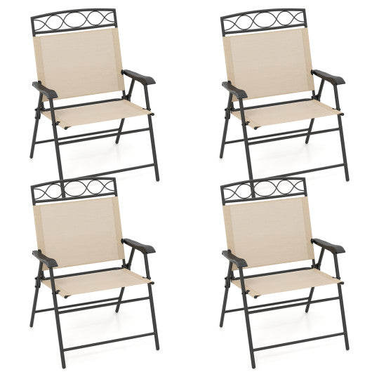 Set of 4 Patio Folding Chairs Set Dining Chairs with Armrests-Beige