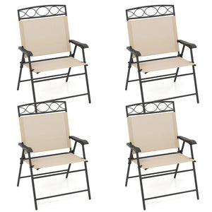 Set of 4 Patio Folding Chairs Set Dining Chairs with Armrests-Beige
