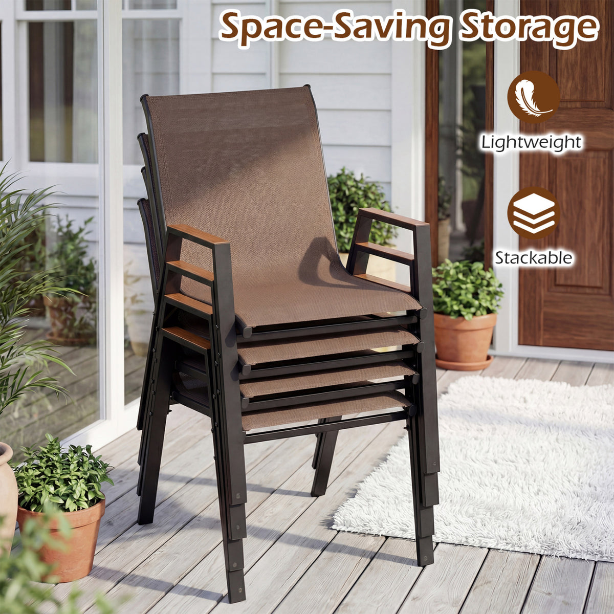 Set of 4 Stackable Patio Chairs with High Backs for Backyard 400 LBS-Brown