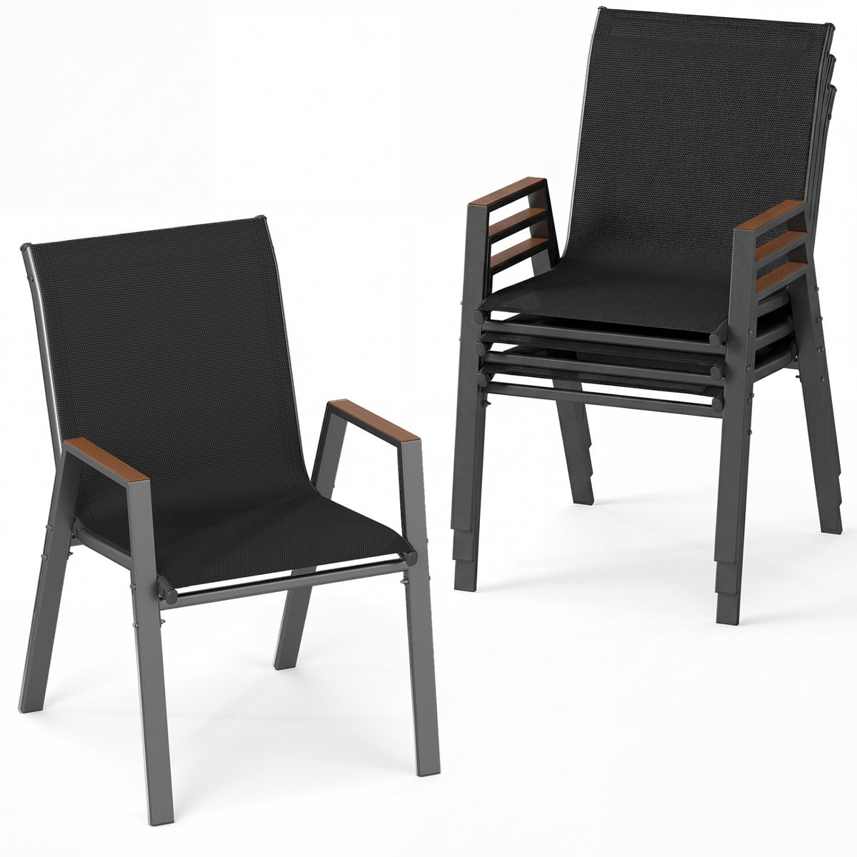 Set of 4 Stackable Patio Chairs with High Backs for Backyard 400 LBS-Black