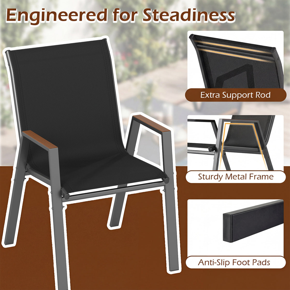 Set of 4 Stackable Patio Chairs with High Backs for Backyard 400 LBS-Black