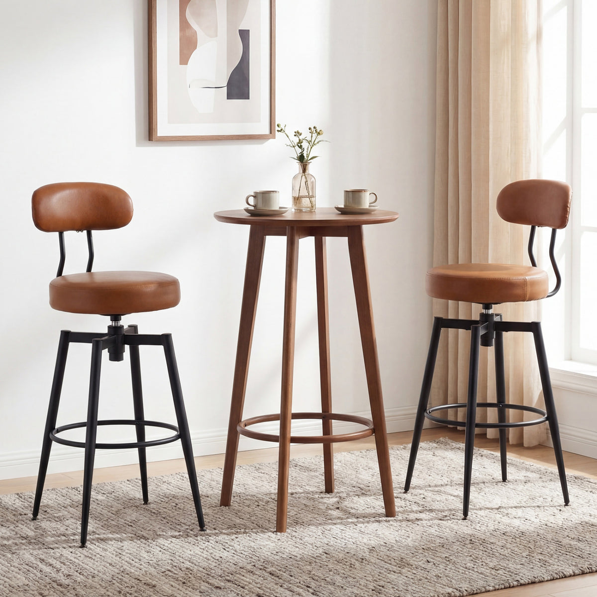 Set of 4 Swivel Barstools Faux Leather with Upholstered Seat and Back-Brown
