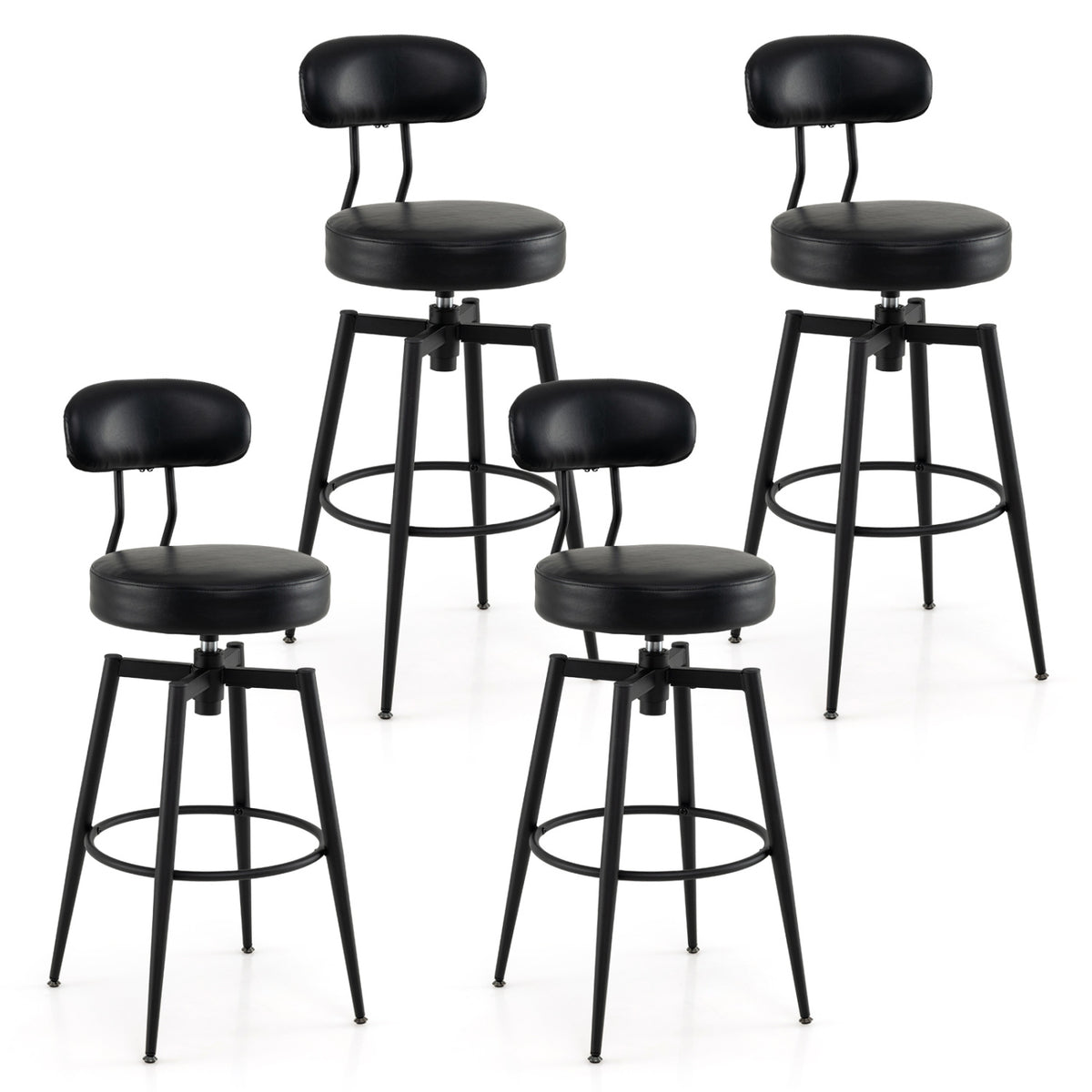 Set of 4 Swivel Barstools Faux Leather with Upholstered Seat and Back-Black