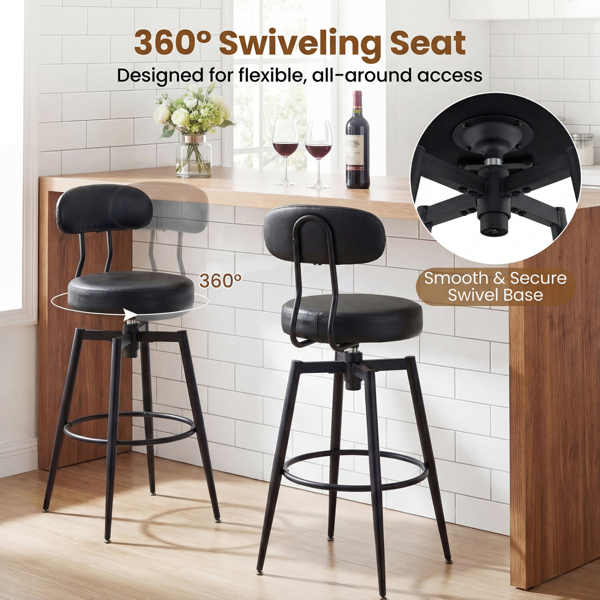 Set of 4 Swivel Barstools Faux Leather with Upholstered Seat and Back-Black
