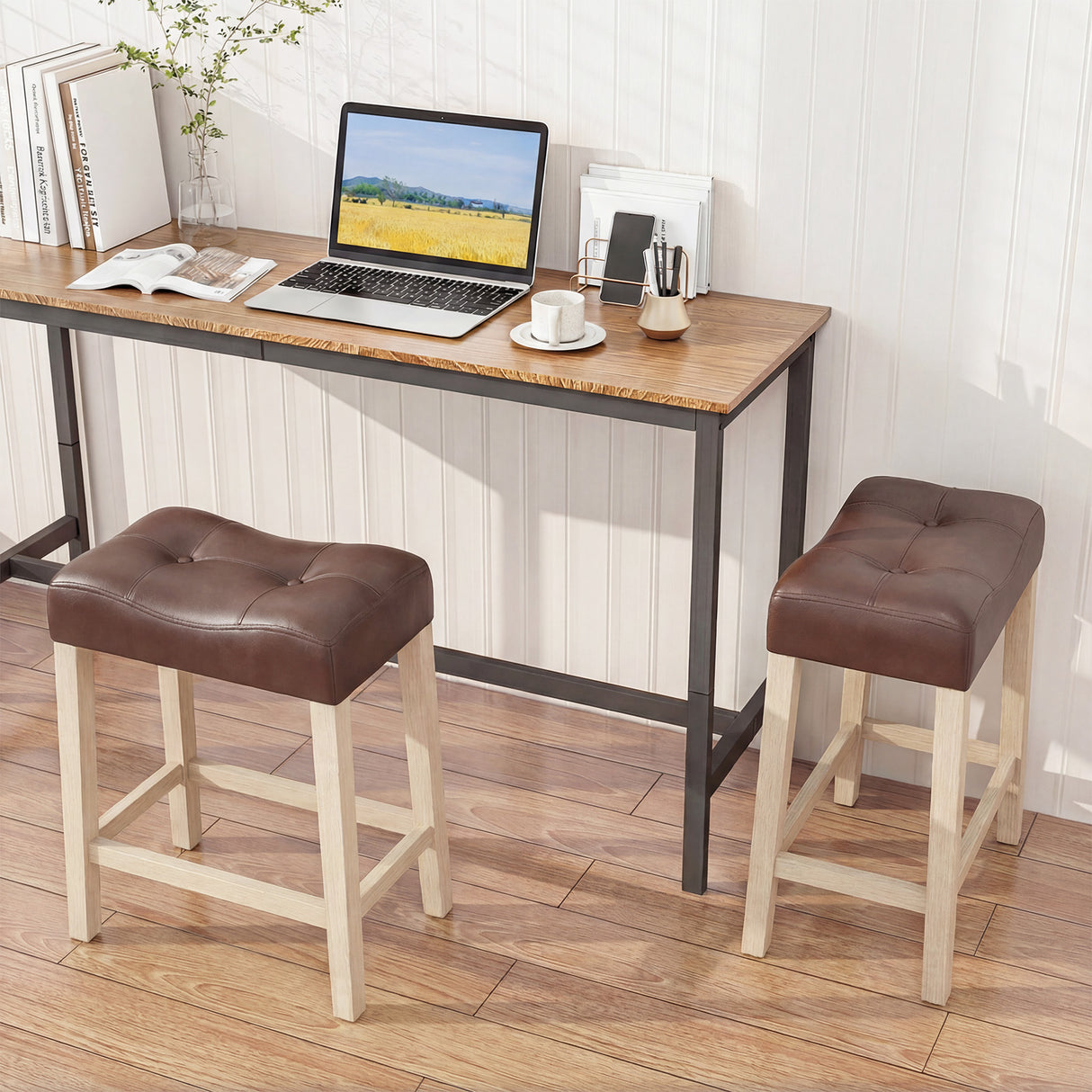 Set of 4 Upholstered Counter Height Bar Stool with Curved Saddle-Seat-Natural